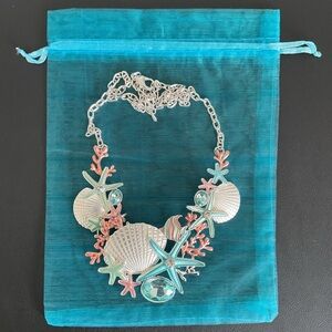 Starfish, Shell and Coral Statement Necklace - Sea Blue, Pink and Silver